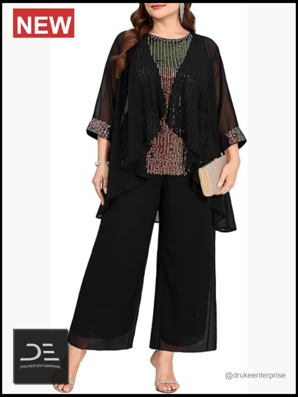 Plus Size 3 Piece Pantsuit Sequin Mother of Bride Wedding Outfit with Chiffon